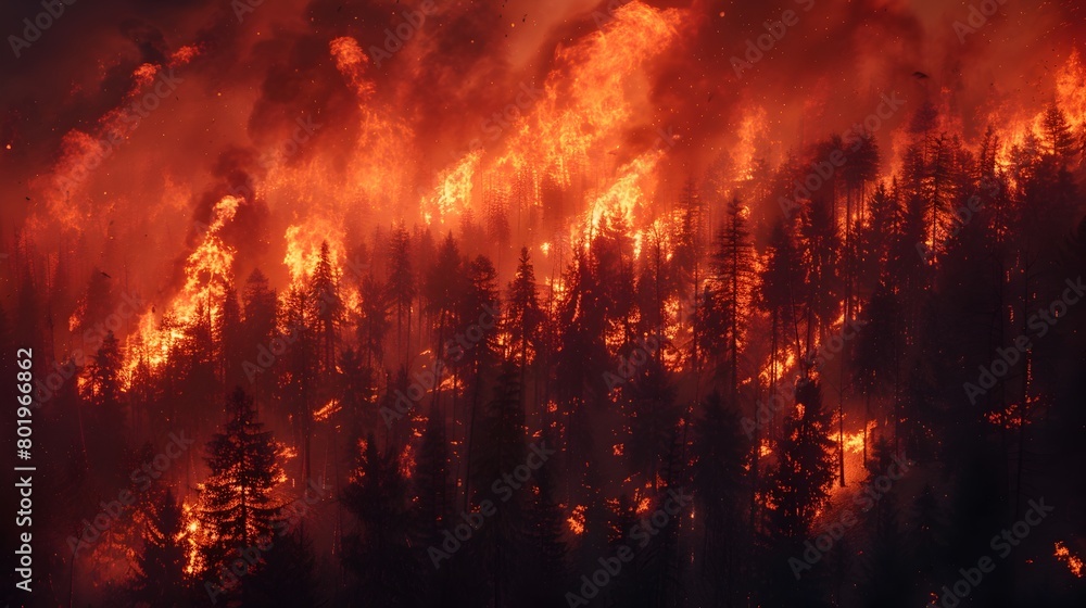 Raging Inferno Engulfing Vast Wilderness of Towering Trees and Thick Foliage in a Catastrophic