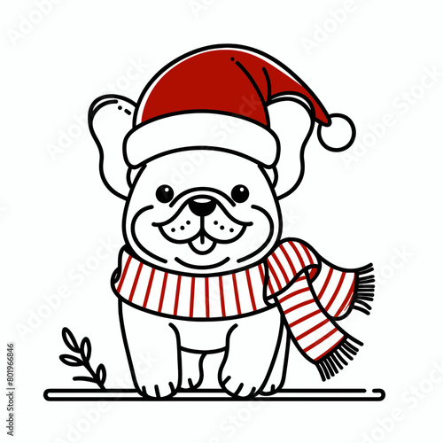 A cute cartoon dog wearing a red Santa hat and a striped scarf.