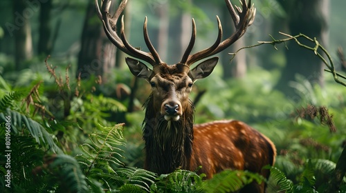 A majestic red deer with impressive antlers stands in the lush greenery of an English woodland, surrounded by dense ferns and ancient trees. The deer's face is the focus. photo