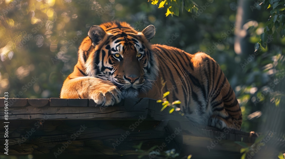 A majestic tiger lounging on its wooden platform, basking in the sunlight with green trees providing shade and highlighting its orange fur.