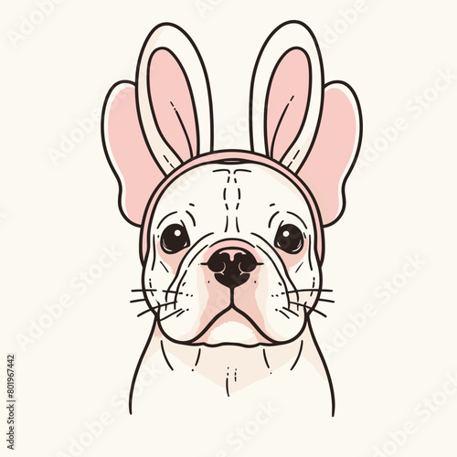 A cute cartoon French bulldog wearing bunny ears.