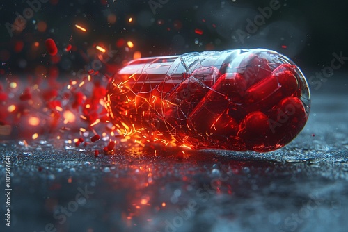 A crimson pill bomb plummets through a scene illuminated with dramatic cinematic lighting, exploding in a fiery spectacle that fractures the screen photo