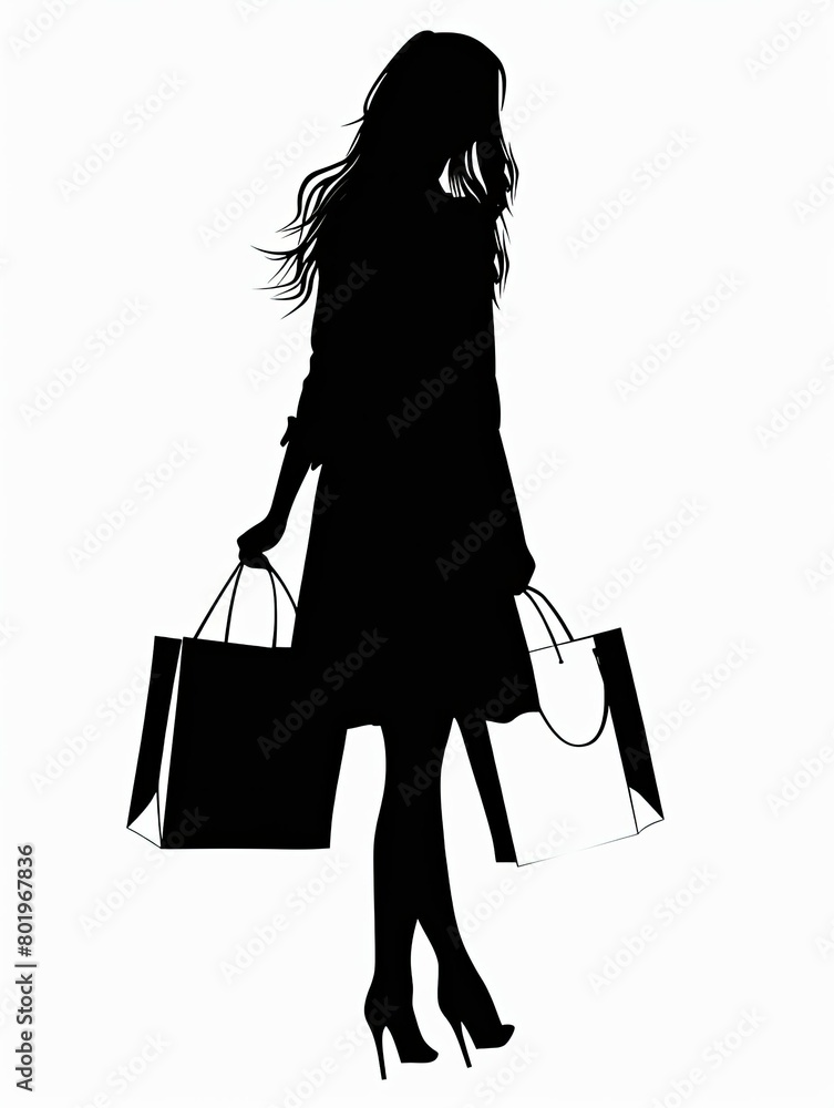 Silhouette woman shopping, white background clipart.