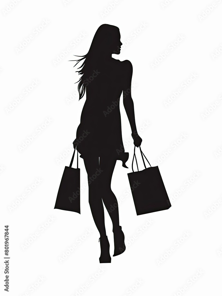 Silhouette woman shopping, clipart black on white background
