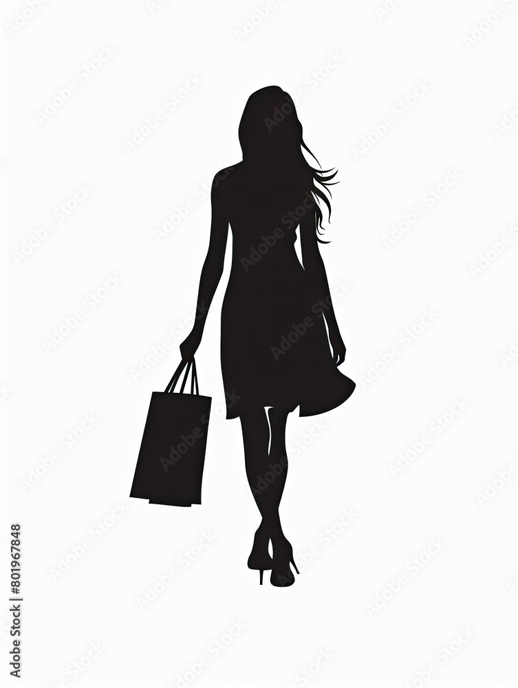 Silhouette woman shopping, white background clipart.