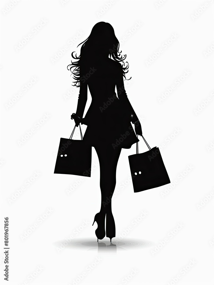 Silhouette woman shopping, white background clipart.