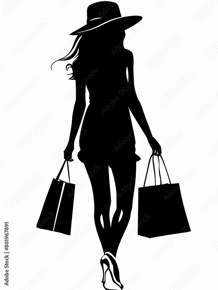 Silhouette woman shopping, white background vector clipart Illustration of Silhouettes Woman Carrying Senos inoffach style, simple shapes, clip art,