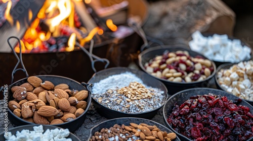 A variety of toppings including crushed almonds dried cranberries and sea salt laid out next to the fire for guests to customize their smores with. © Justlight