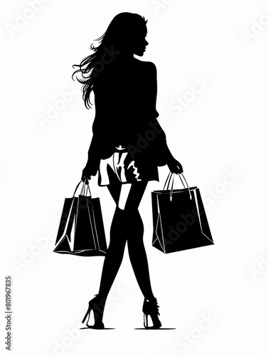 Silhouette woman shopping, clipart black on white background