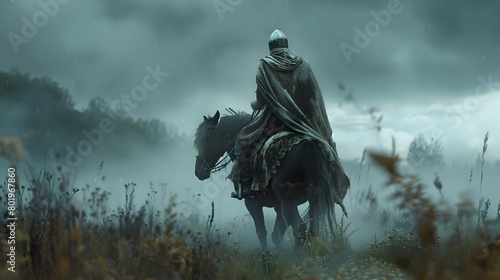 Majestic Medieval Knight on Horseback Riding Through Legendary Landscape photo