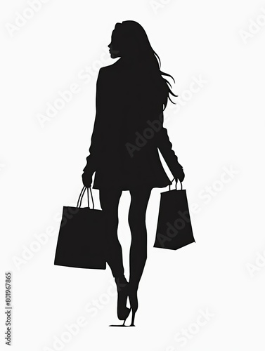 Silhouette woman shopping, white background vector clipart Illustration of Silhouettes Woman Carrying Senos inoffach style, simple shapes, clip art,