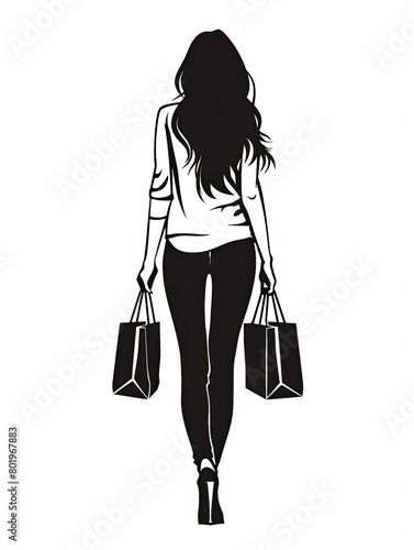 vector silhouette of woman shopping, white background, simple shapes, simple lines, no details on the body, long legs and hair hanging down from shoulders,