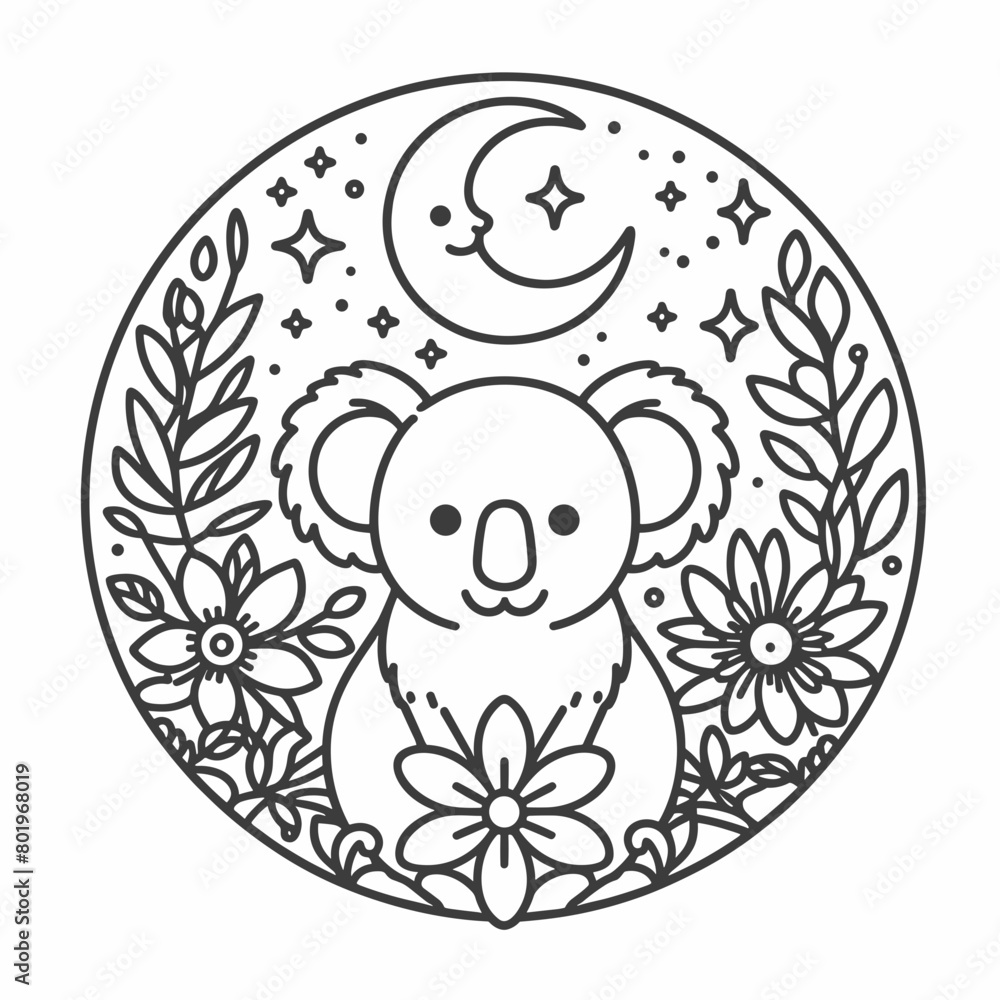 A cute cartoon koala sits in a circle of flowers and leaves, with a crescent moon above its head. The image is drawn in black and white. A cute cartoon koala sits in a circle of flowers and leaves, with a crescent moon above its head. The image is drawn in black and white.