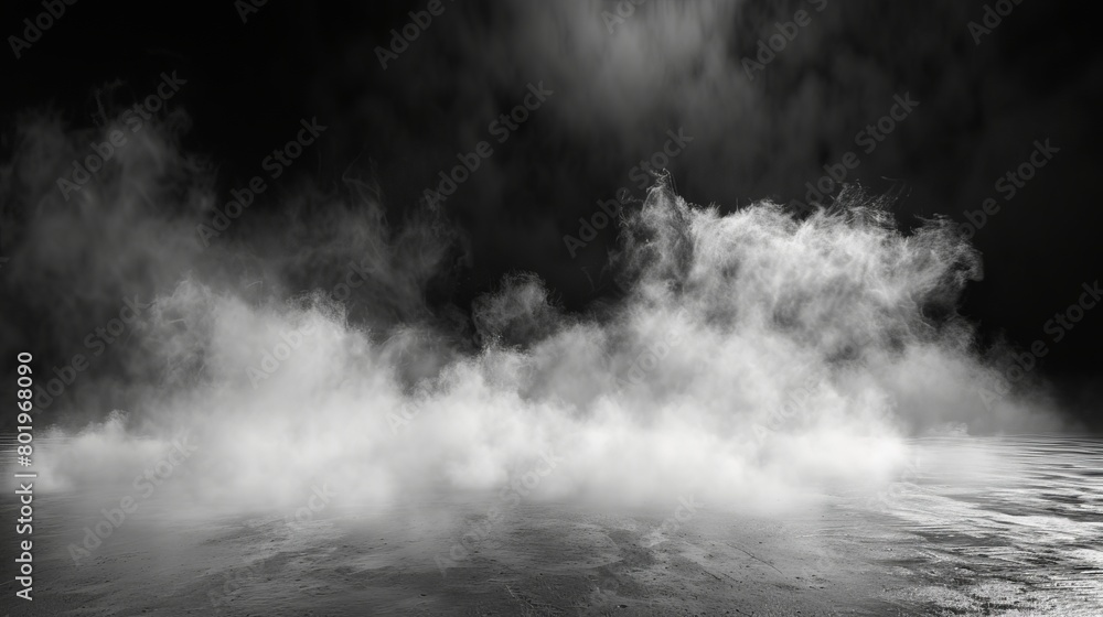 Fototapeta premium Smoke black ground fog cloud floor mist background steam dust dark white horror overlay. Ground smoke haze night black water atmosphere 3d magic spooky smog texture isolated transparent effect circle