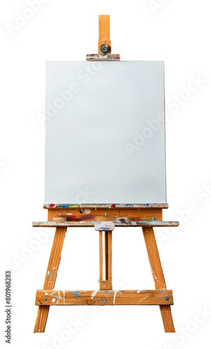 Artist's easel with white paint texture, cut out - stock png.