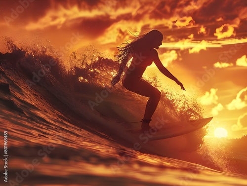 Silhouetted surfer riding a dramatic ocean wave against a vibrant sunset sky