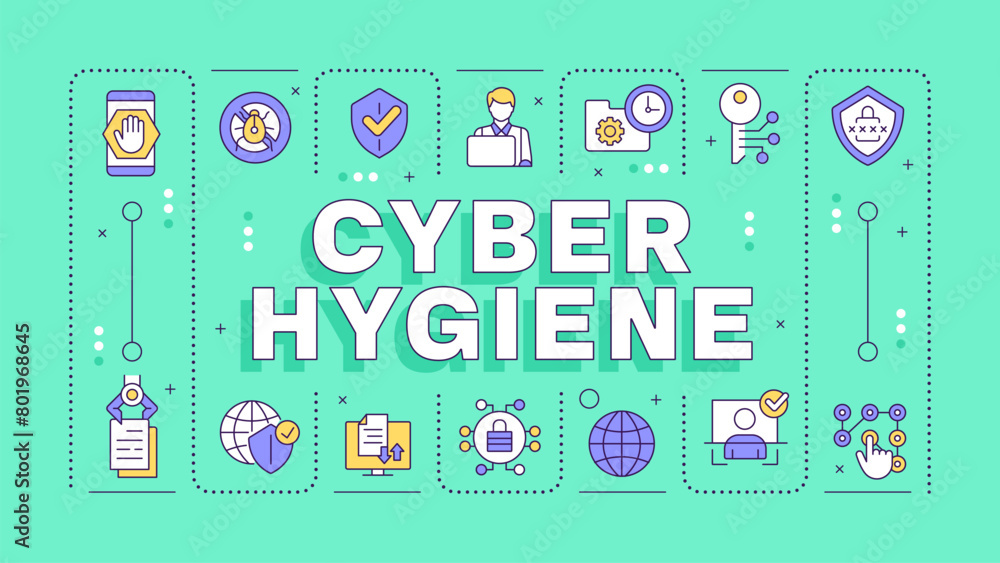 Cyber hygiene green word concept. Internet privacy, cybersecurity. Data protection. Typography banner. Vector illustration with title text, editable icons color. Hubot Sans font used