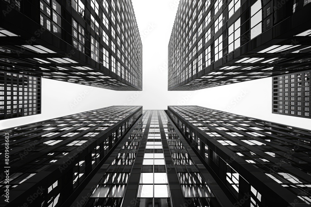 Fototapeta premium background of city skyscrapers, in black color, with white background, low angle shot