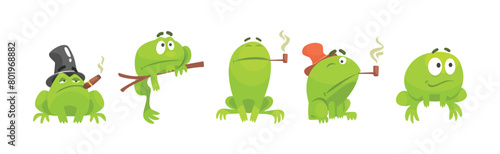 Funny Green Frog Character Engaged in Different Activity Vector Set
