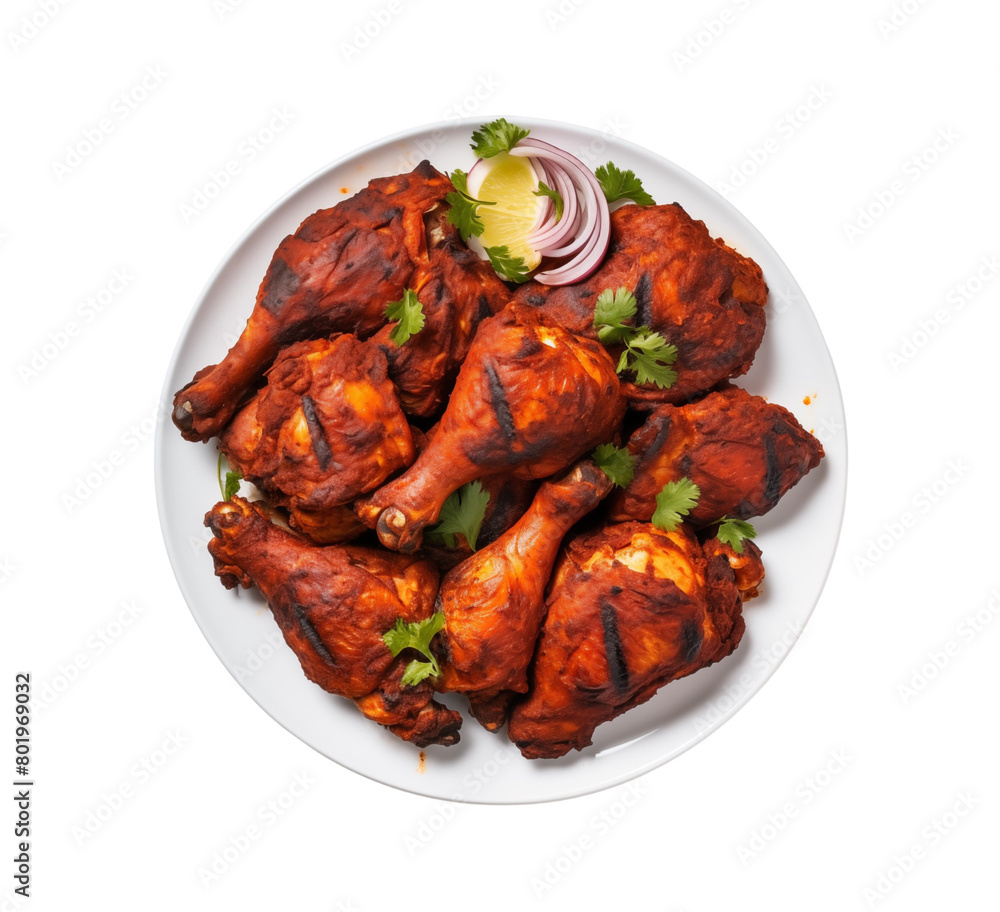 Delicious Tandoori chicken served on a plate, isolated on transparent background, top view. Generative AI Delicious Tandoori chicken served on a plate, isolated on transparent background, top view. Generative AI