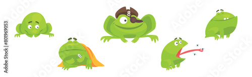 Funny Green Frog Character Engaged in Different Activity Vector Set