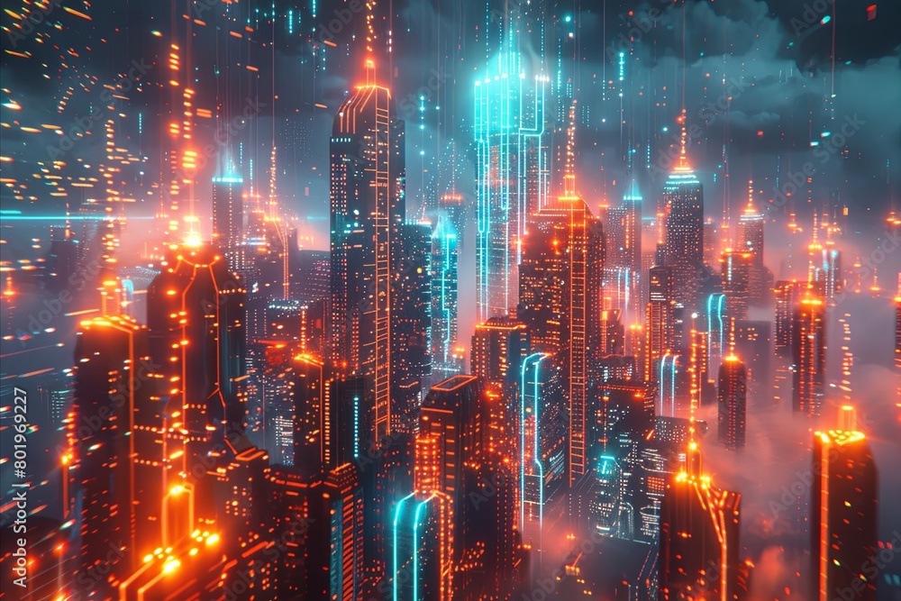 A futuristic cyberpunk cityscape, illuminated by vibrant neon lights under a digital rain, showcasing advanced urban technology