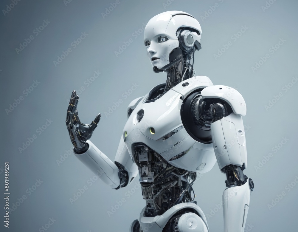 A photorealistic image of a white humanoid robot with a female appearance looking slightly to the right with its left hand outstretched in front of it, as if making a gesture or offering something A photorealistic image of a white humanoid robot with a female appearance looking slightly to the right with its left hand outstretched in front of it, as if making a gesture or offering something
