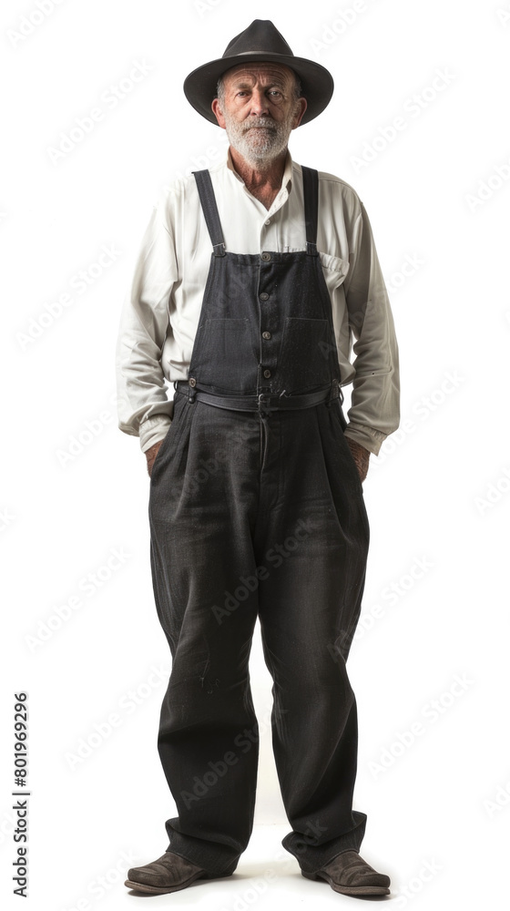 In a studio against a white background stands a 75-year-old Amish man. In a studio against a white background stands a 75-year-old Amish man.