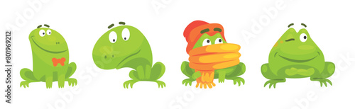 Funny Green Frog Character Engaged in Different Activity Vector Set