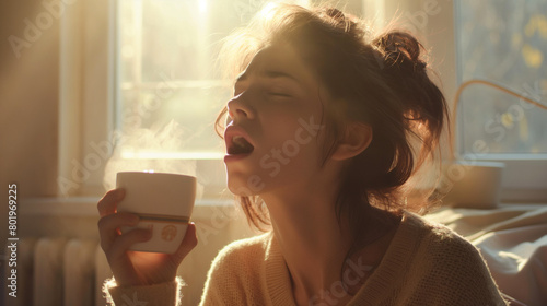  Close-up of a young woman yawning, holding a cup of coffee photo