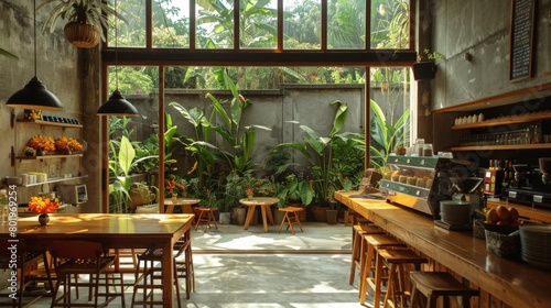 A stylish Costa Rican cafe, with minimalist decor and artfully presented food and drinks. photo