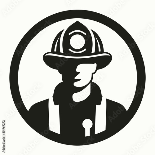 A firefighter wearing a helmet and a firefighter's uniform inside a circle.