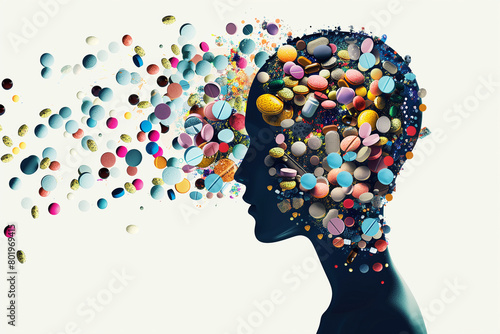 Human face profile silhouette filled with pills, mental and physical health