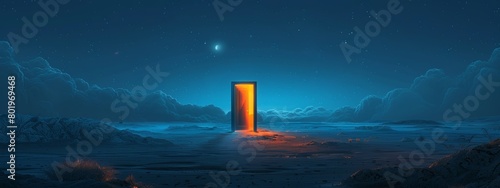 A whimsical illustration of a door with a glowing doorknob, standing at the edge of a vast, blank space, inviting exploration and adventure.