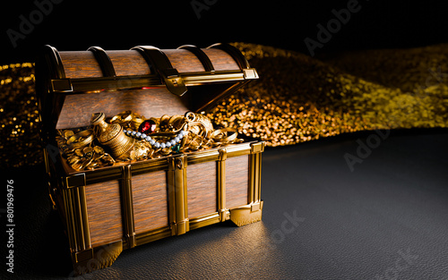 ancient treasures made of gold Packed in a retro treasure chest. Pirate treasure made of wood. Gold Medal and Golden Jug. 3d rendering. photo
