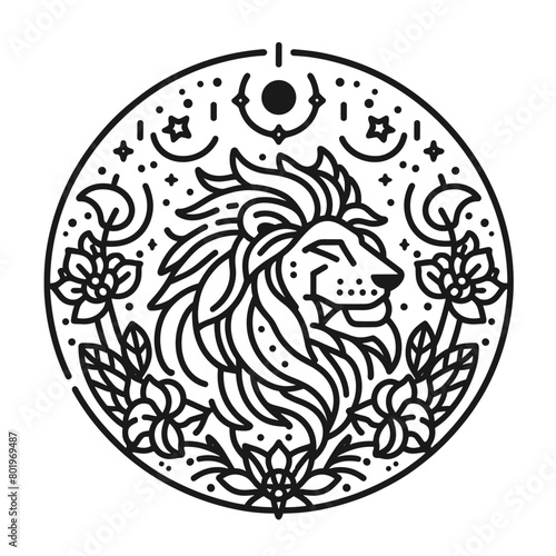 A line drawing of a lion's head in a circle surrounded by stars, flowers, and moons.