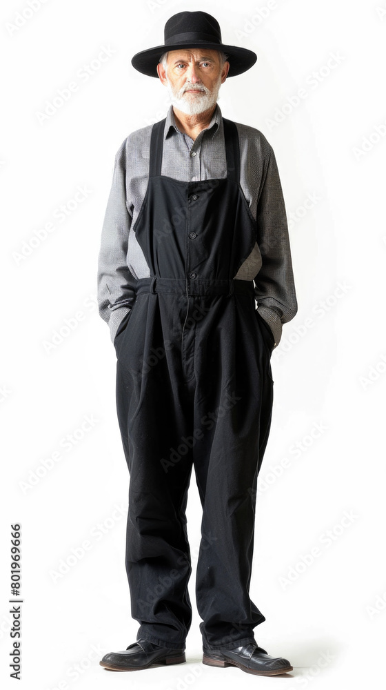 In a studio against a white background stands a 75-year-old Amish man. 