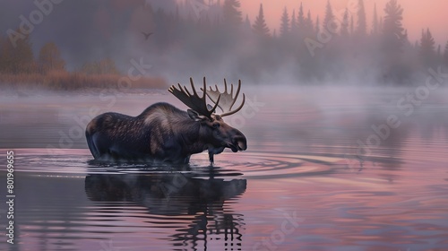 A robust moose wading through a misty lake at dawn, 4k wallpaper photo