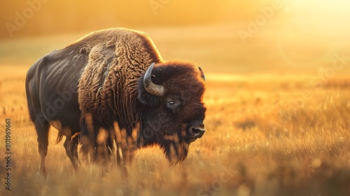 A robust bison with a shaggy coat standing in a golden field at sunset. 4k wallpaper photo