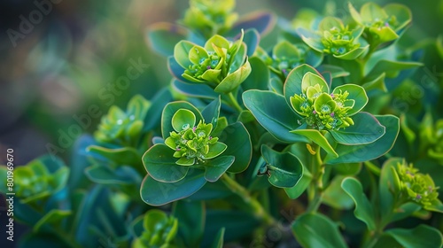 Lush Mediterranean plant with yellow blooms, known as the spurge of Albania. photo