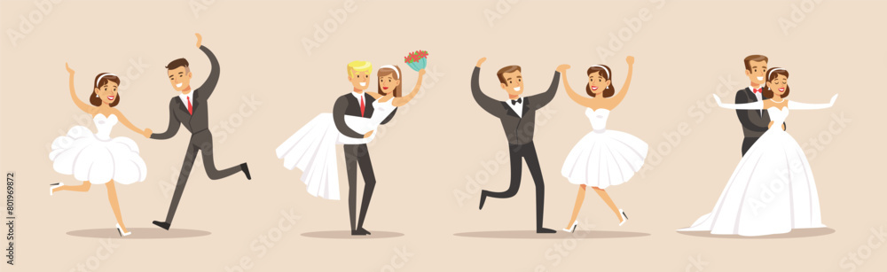 Couple of Bride and Groom Newly Weds Vector Set Couple of Bride and Groom Newly Weds Vector Set