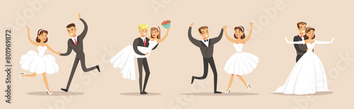 Couple of Bride and Groom Newly Weds Vector Set