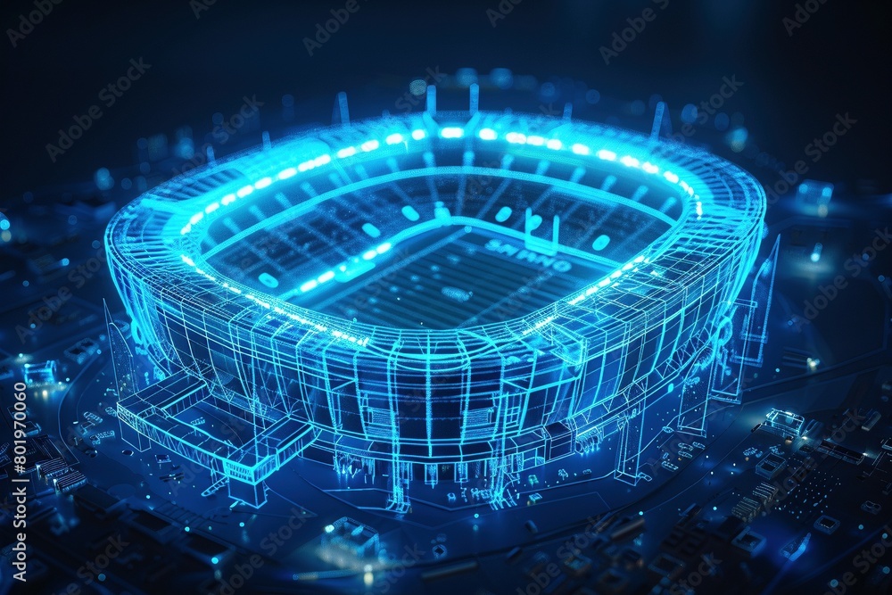 Naklejka premium A holographic blueprint of a football stadium, its iconic form outlined in intricate neon blue patterns, suspended against a dark void.