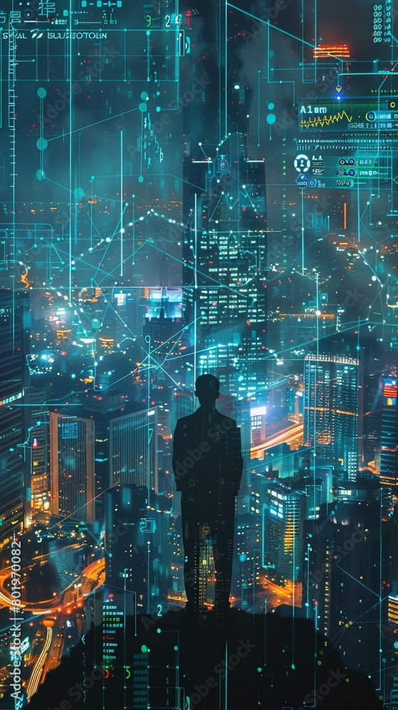 A businessperson standing over a cityscape with a holographic projection of graphs and charts around them A businessperson standing over a cityscape with a holographic projection of graphs and charts around them