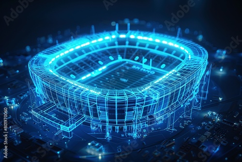 A holographic blueprint of a football stadium, its iconic form outlined in intricate neon blue patterns, suspended against a dark void. photo