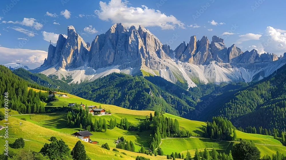 The peaks of the Geisler Group in the Dolomites of Italy.