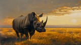 A robust rhinoceros standing in the golden light of the African savannah,4k wallpaper