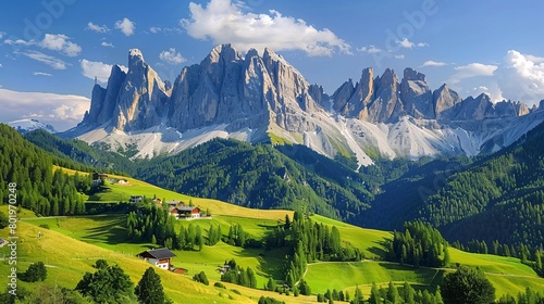 The peaks of the Geisler Group in the Dolomites of Italy. photo