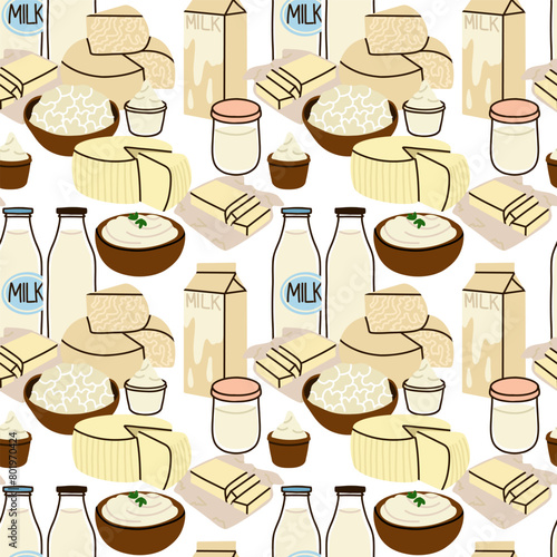 Dairy products seamless pattern. Milk, kefir and yogurt. Cheese, butter and cream. Organic farm healthy food. Decor textile, wrapping paper, wallpaper design. Background design vector cartoon flat