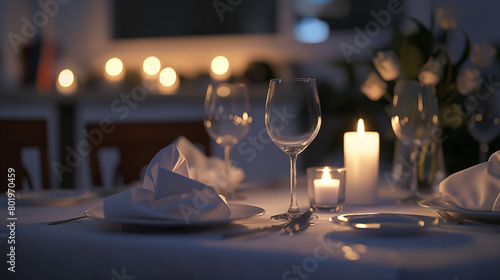 Elegant table setting with white linen tablecloth and napkins photo